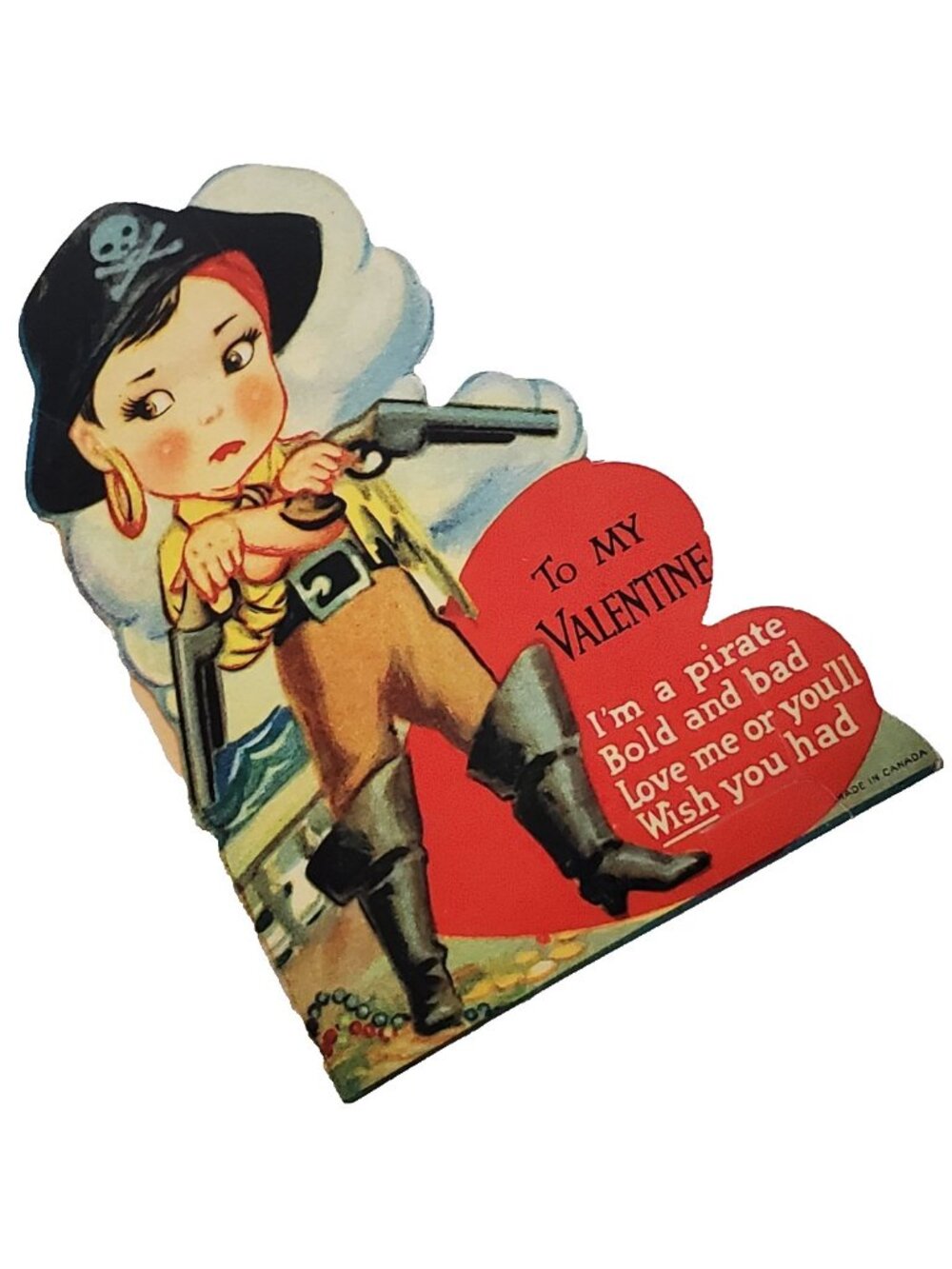 Pirate Girl Valentine's Day Card Skull Crossbones Die Cut Vintage Valentine